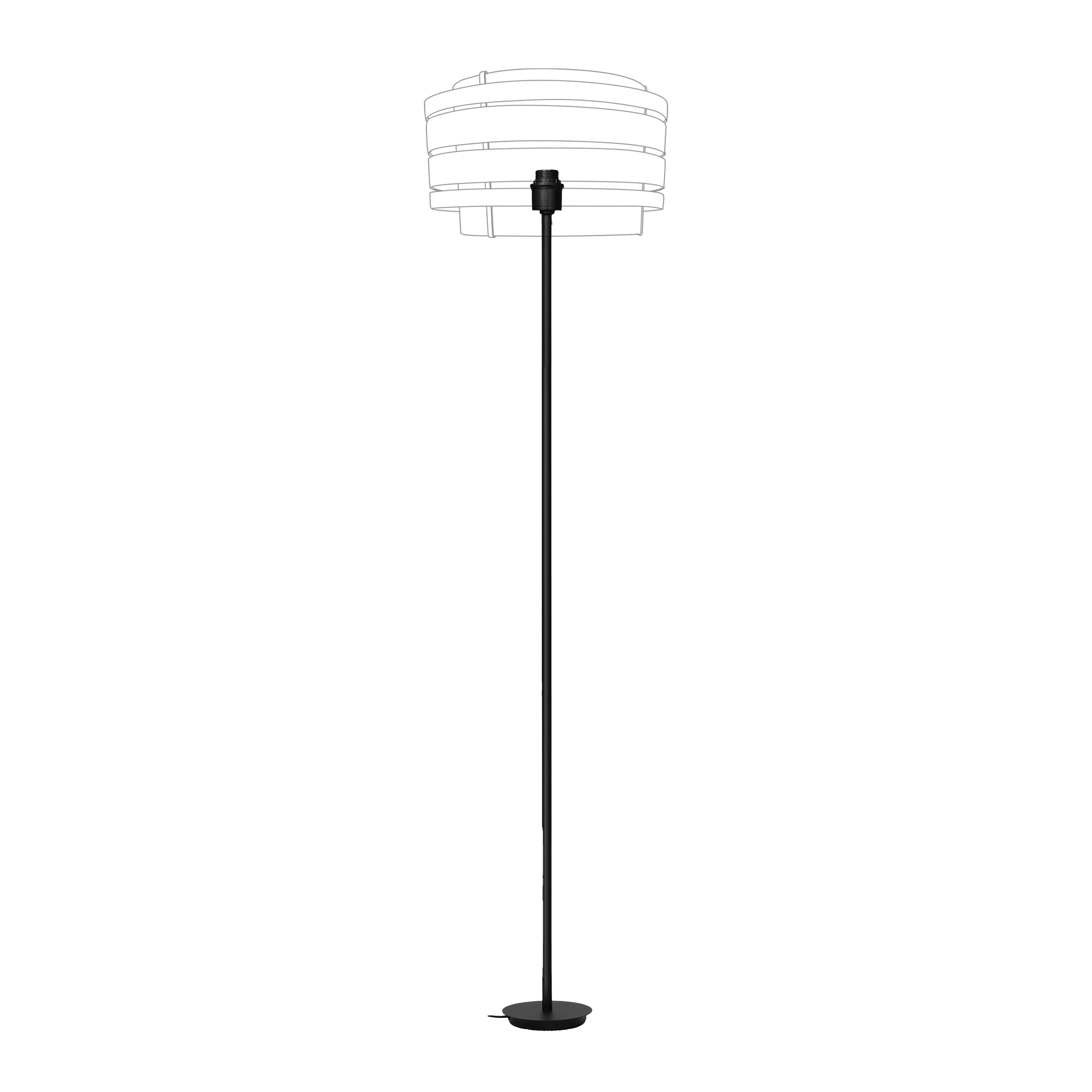 Black metal floor lamp stand with universal E27 socket, 157x35 cm tall, designed for lighting fixtures.
